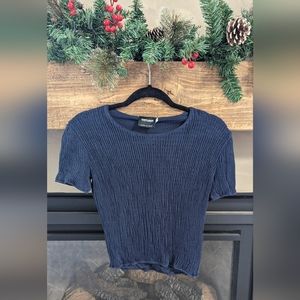 Giorgio Armani Italy Navy Blue Ribbed Knit Cropped Short Sleeve Shirt Top 38mall